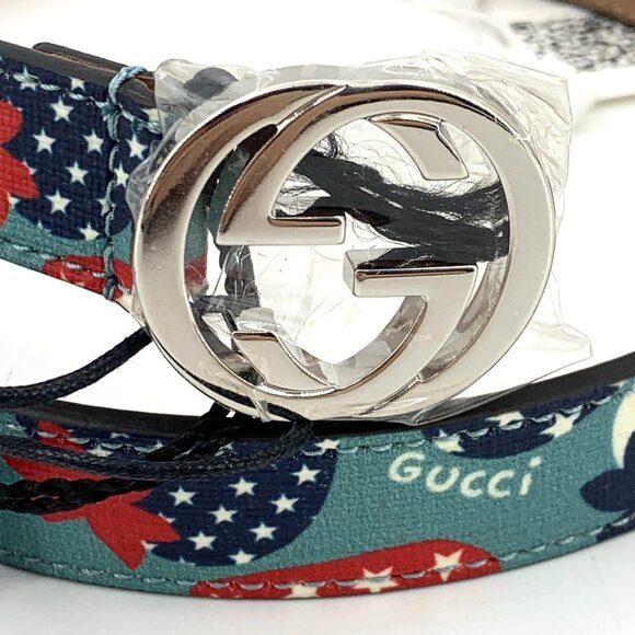 H18724 Gucci color matching strawberry print logo smooth buckle belt 2*72cm new - Picture 2 of 6